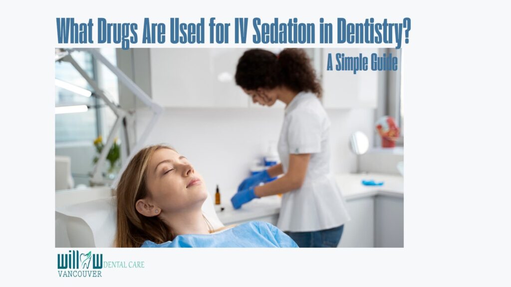 Female dental patient relaxing with eyes closed in a modern clinic during IV sedation, with a dental assistant preparing tools in the background.